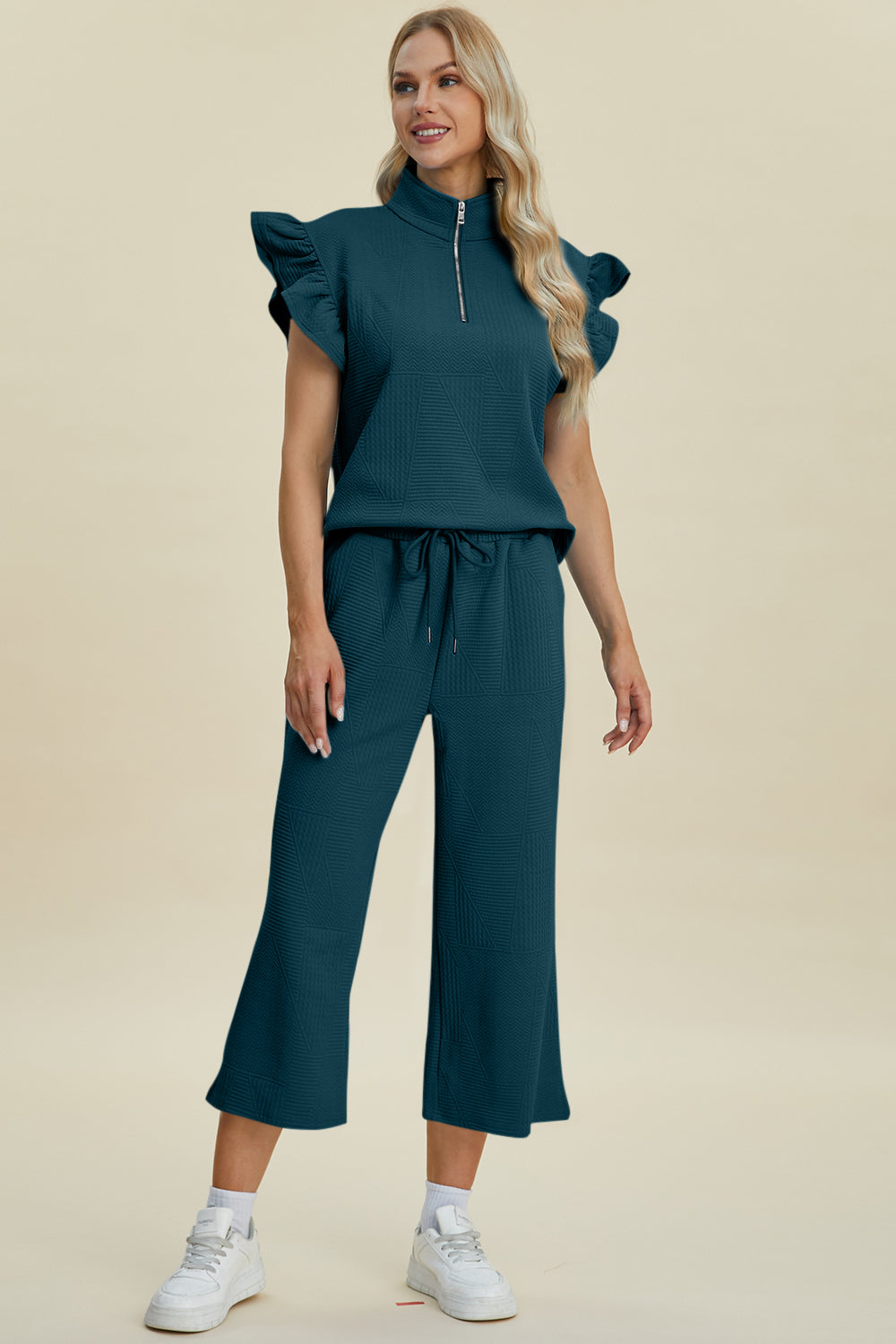 Diana Full Size Texture Ruffle Short Sleeve Top and Wide Leg Pants Set