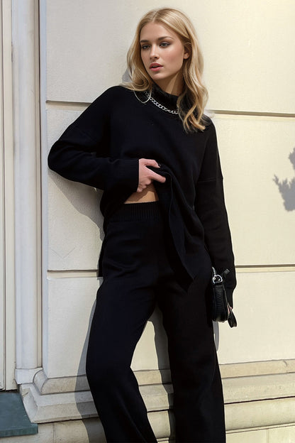 Basic Side Slit Turtleneck Dropped Shoulder Sweater