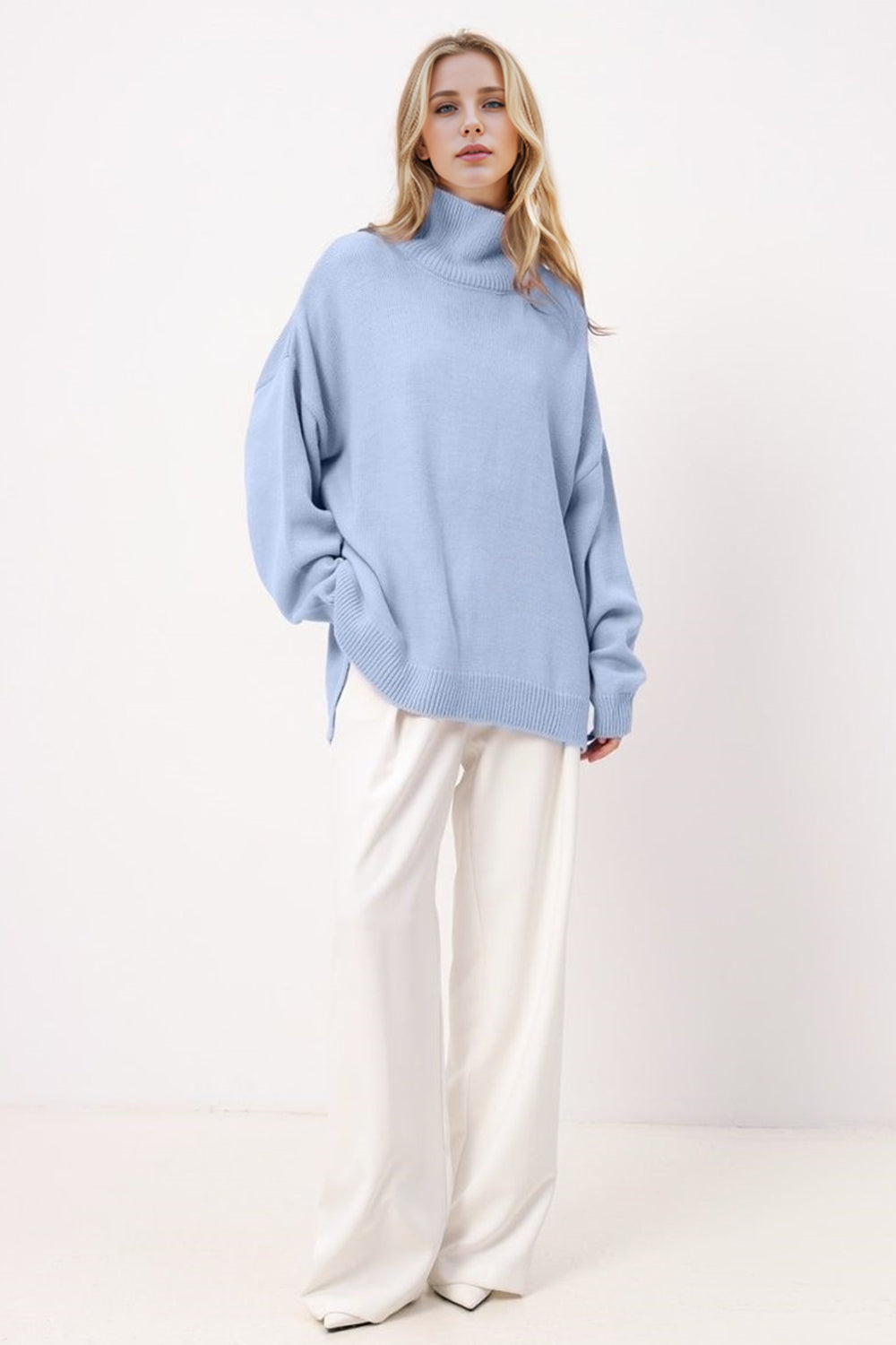 Basic Side Slit Turtleneck Long Sleeve Sweater