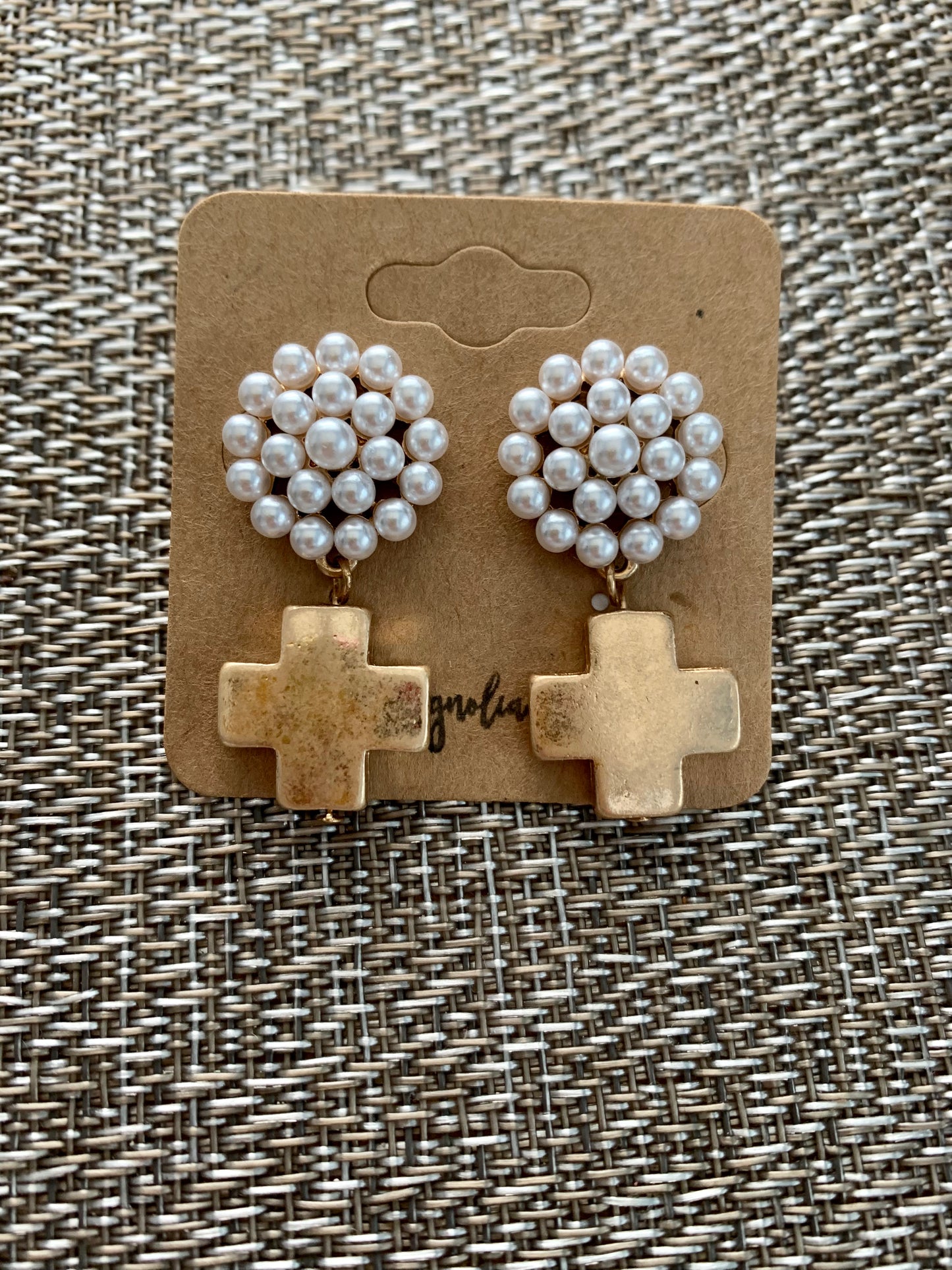 Edith Square Cross Pearl Earrings