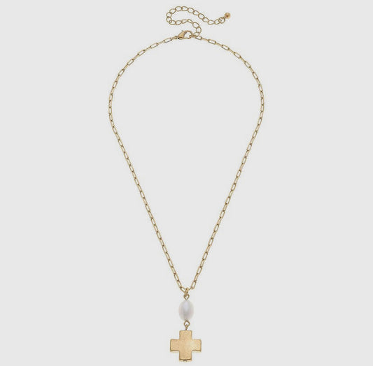 Square Cross Pearl Chain Necklace