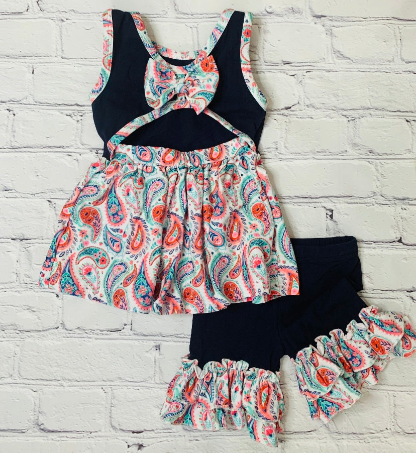 Girls Navy Paisley Short Set