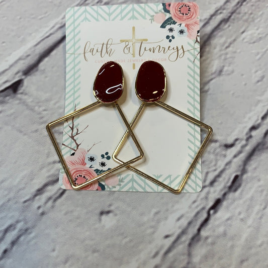 Burgundy Gold Square Earrings