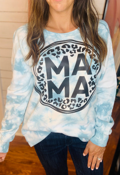 Mama Cheetah Print Pullover- Aqua