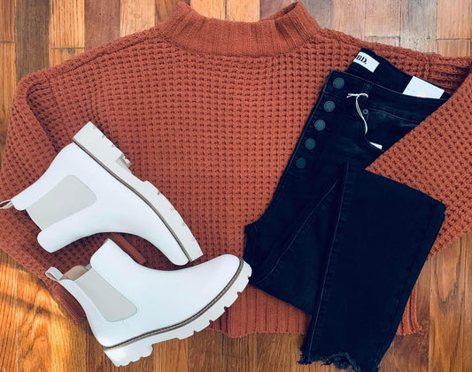 Camille Waffle Knit Sweater- Pumpkin