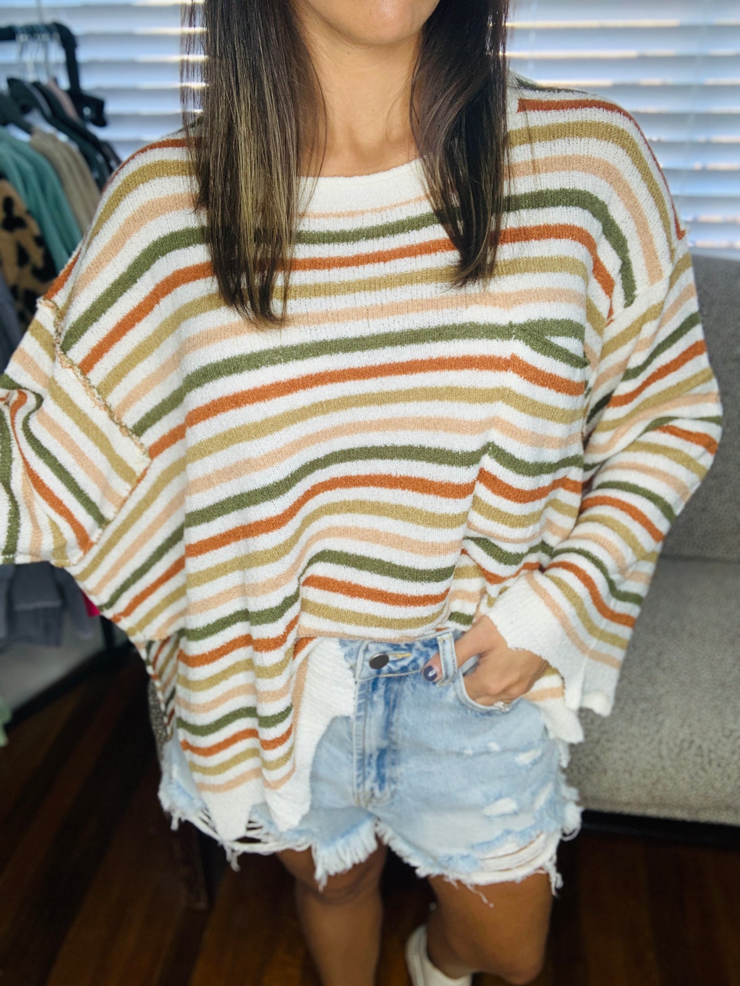 You Proof Multi Stripe Raw Hem Sweater